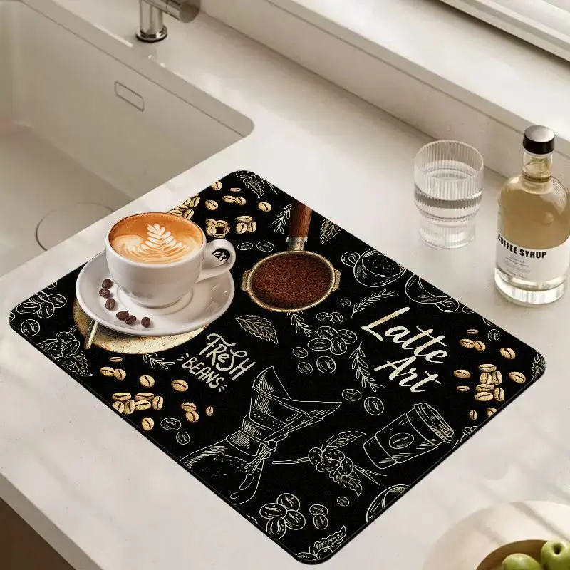 VIKAMA Vintage Latte Art Print Coffee Bar Mat Super Absorbent Non Slip Espresso Drying Mat Absorbent Non Slip Coffee Bar Mat