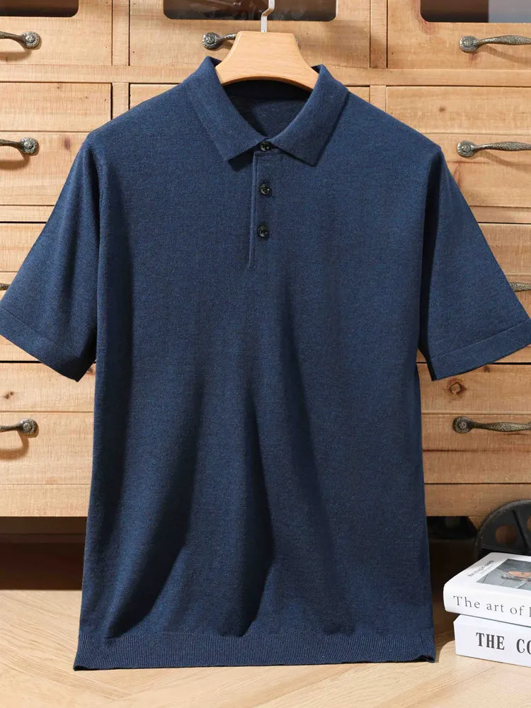 

100% pure wool worsted thin knitted loose fashion solid color simple POLO shirt