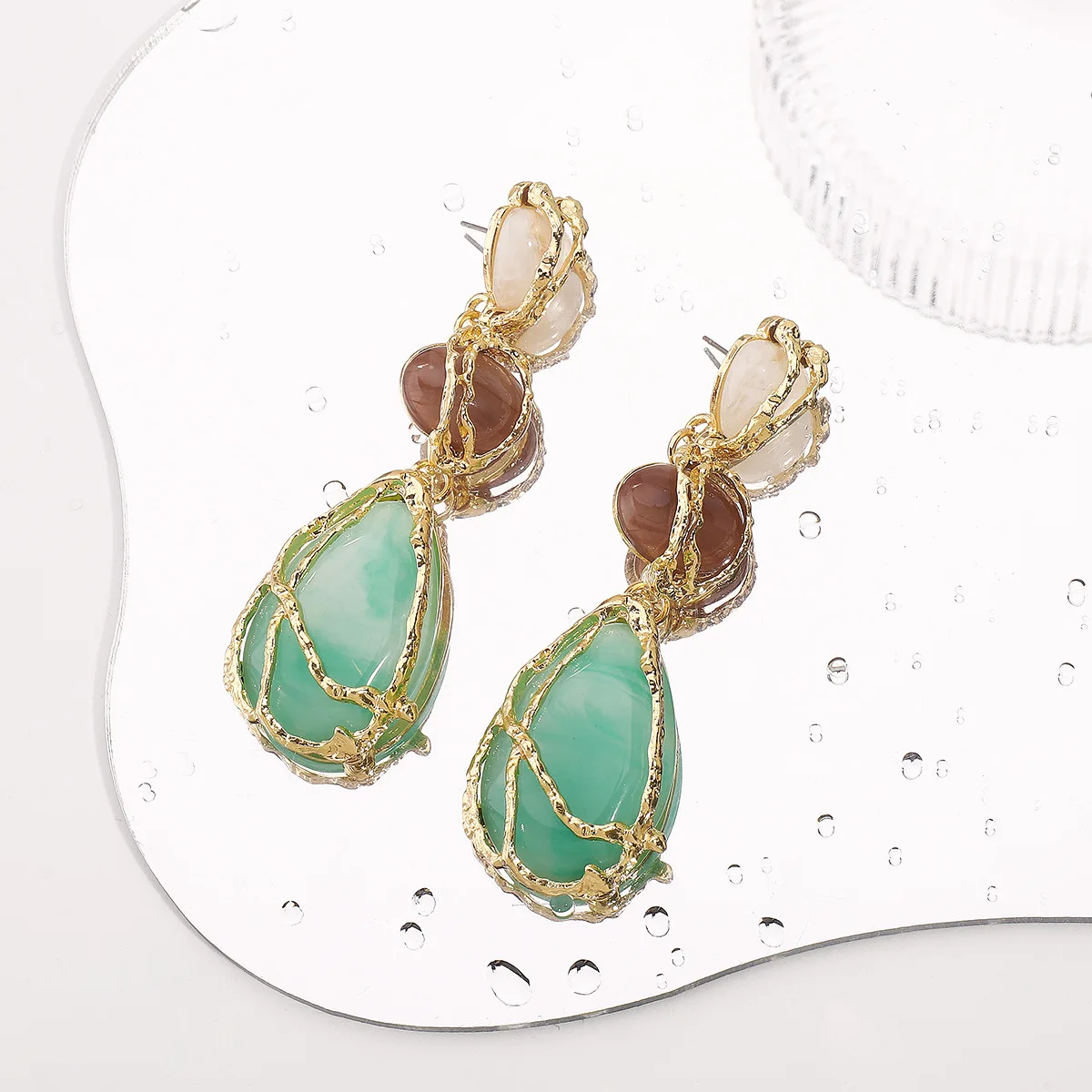 Women Fashion Handmade Weave Metal String Bag Green Natural Stone Dangle Earrings White Resin Waterdrop Earring Gothic Jewelry