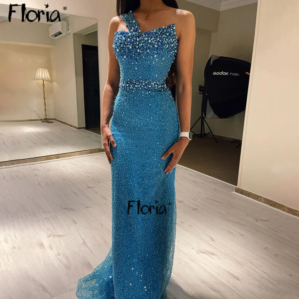 

Floria Blue Pearls Party Dress Sleeveless Sheath Dress Women Long Prom Gowns For Wedding Dubai Robes De Soirée Custom Made