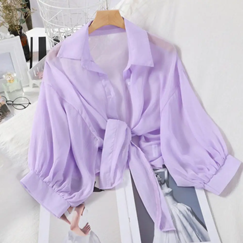 Beautiful Outdoor Shirt Lapel Breathable Tie Waist Casual Solid Color Summer Blouses