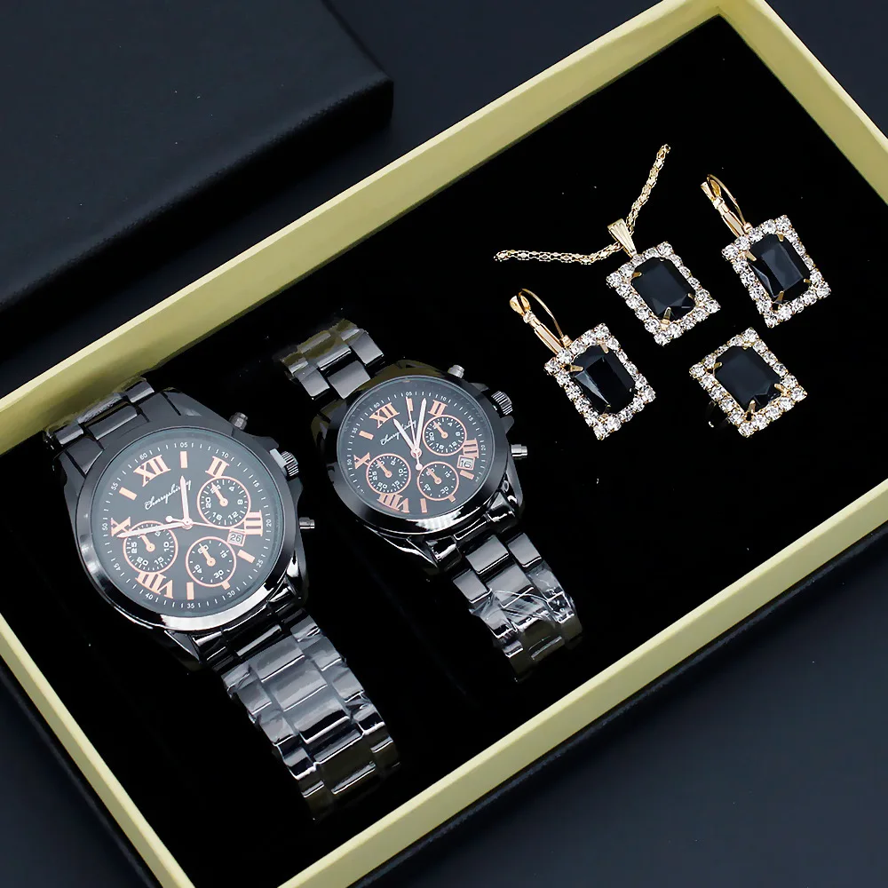 6Pcs Lover\'s Watch Fashion Luxury Elegant Steel Wristwatch Couple Men Women Calendar Quartz Watch With Jewelry Set Gift +Box