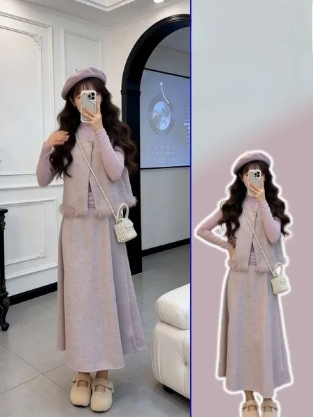 

Модный комплект из двух предметов для полных женщин: свободная облегающая майка и юбка с высокой талией