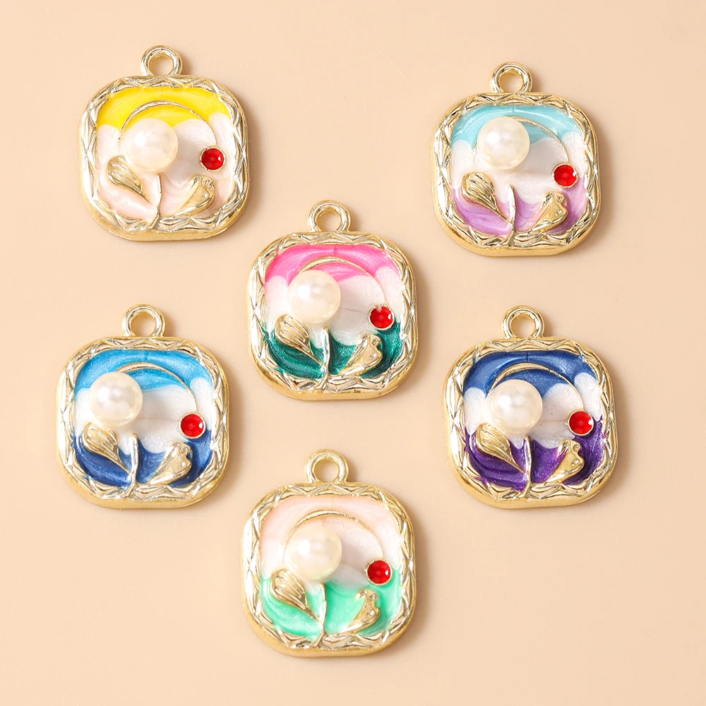 Leslie 10 Stück Retro Goldfarbene Ölgemälde-Perlenblumen-Anhänger für DIY Ohrringe, Halsketten, Handgemachter Schmuckherstellung – Detail 2