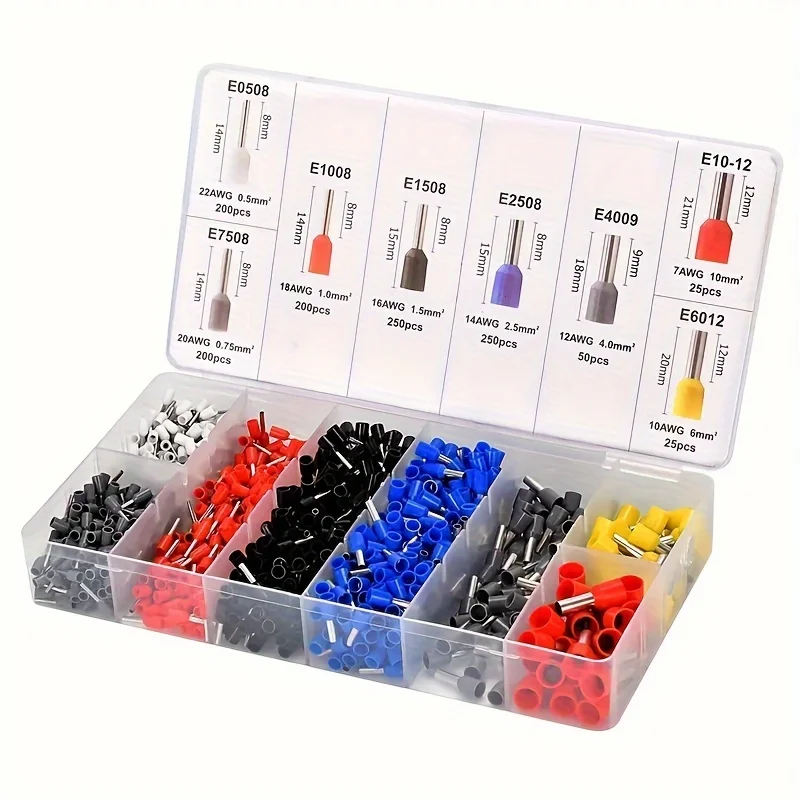 1200pcs Boxed Tubular Crimp Terminals Ve European Type Cold Crimp Terminals Electrician Electrical Insulation Kits