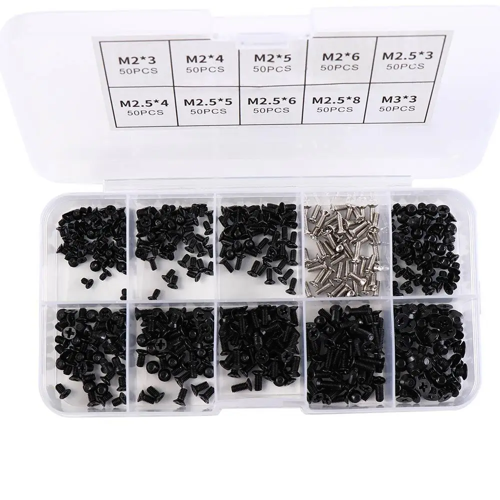 500 個 M2 M2.5 M3 ラップトップネジセット炭素鋼ユニバーサル RC ネジボックスキットマルチサイズ黒コンピュータネジラップトップ