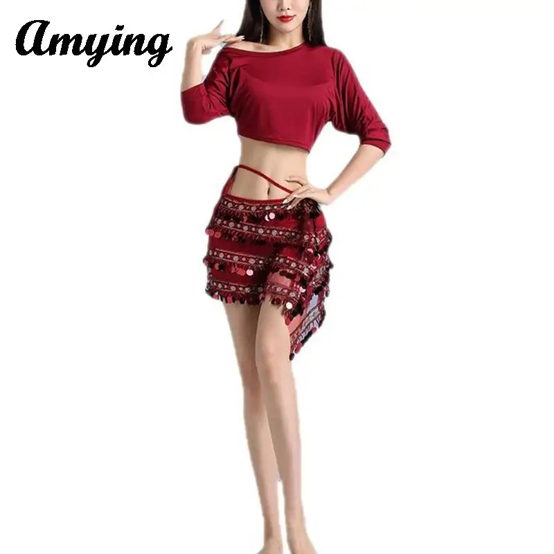 

2024 New Hot Selling Women Belly Dance Practice Suit Oriental Dance Ladies Set Loose Bat Sleeve And Tassel Sequin Hip Scarf