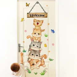Cartoon Five Cats Welcome Wall Sticker Kids Room Door Decoration Mural Bedroom Entrance Home Decor Self Adhesive Kitty Wallpaper