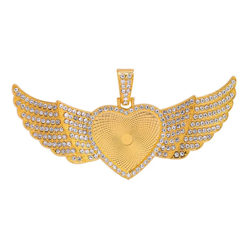 大きな天使の羽のハートの額縁、フォトペンダントベース、ブランクトレイチャーム、昇華ブランクネックレス、5個