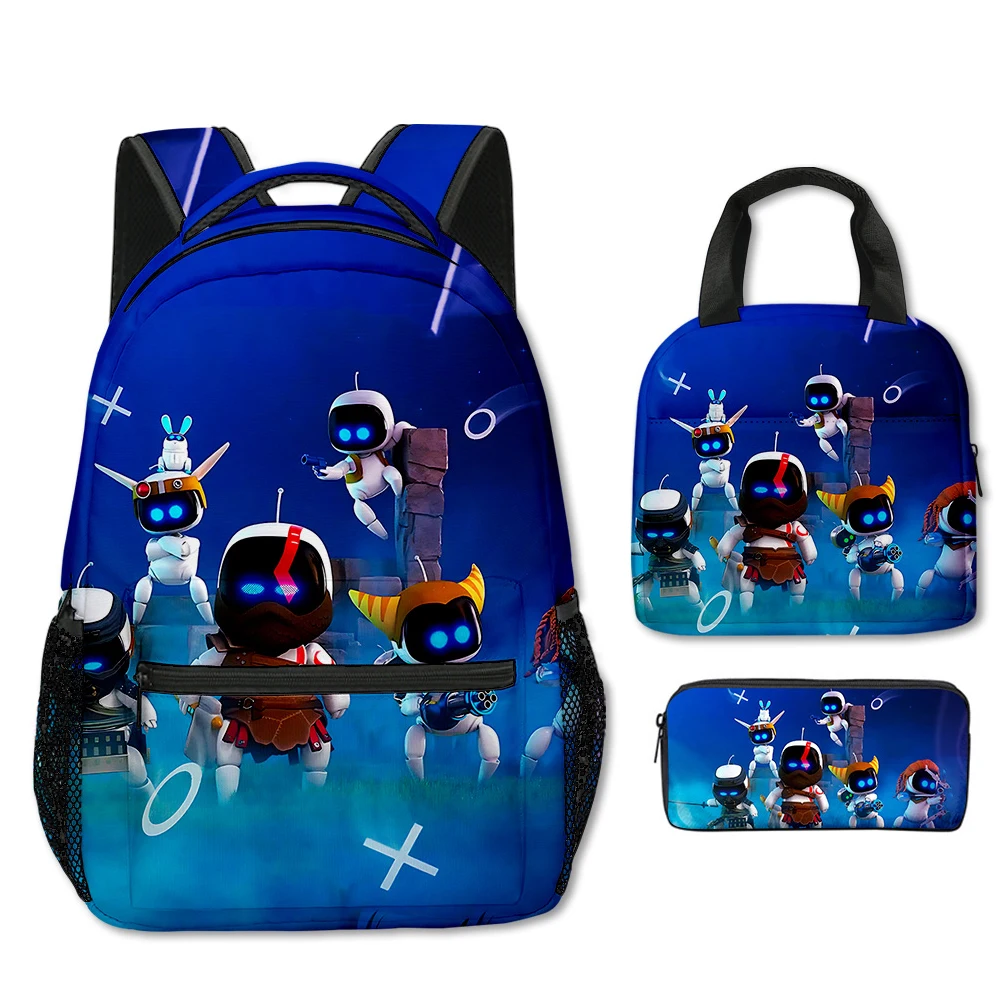 

Cartoon Novelty Fashion Cool astro bot 3D Printed 3pcs/Set Student School Bags Laptop Backpack portable Lunch bag Pencil Case