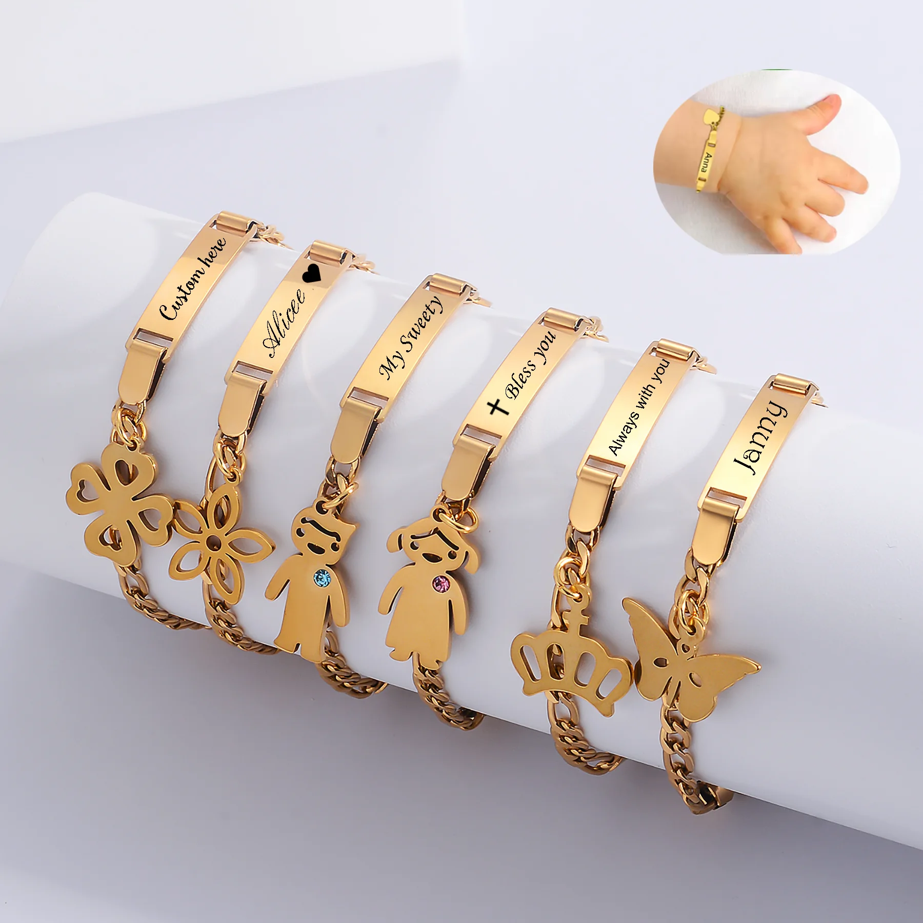 

1Pc Custom Baby Kids Name Bracelet Personalized Bar Engraved Children Name Butterfly Crown Curb Chain Bracelets Kids Best Gifts