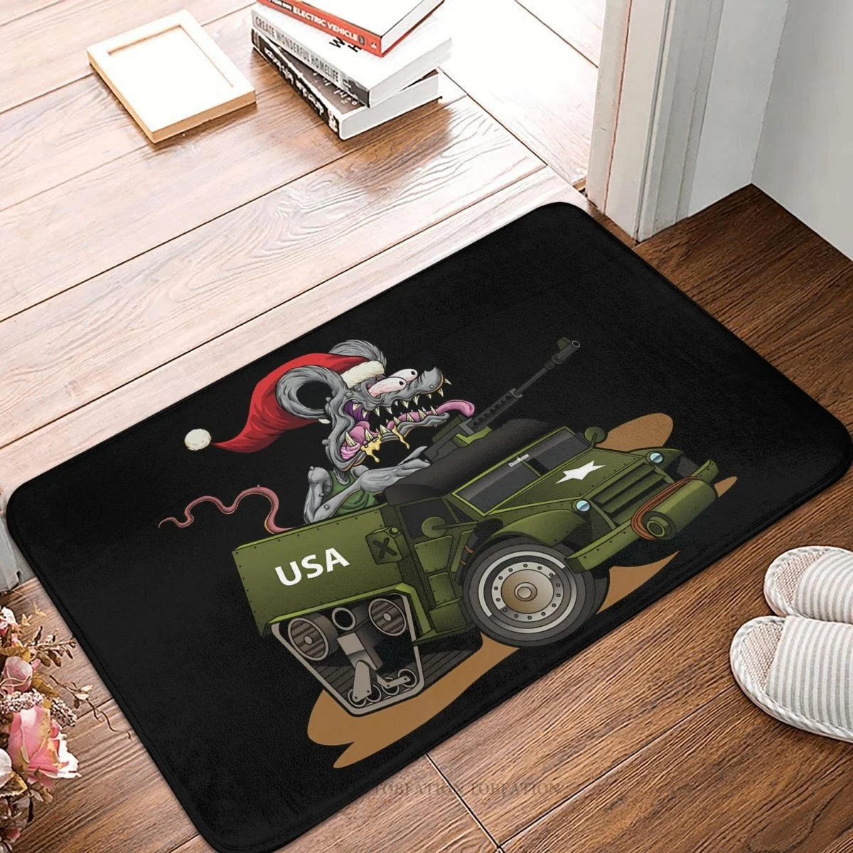 Alfombra antideslizante de baño de película de dibujos animados Tales of the Rat Fink, Alfombra de tanque del ejército militar, vacaciones de Navidad, Santa Rat Rod Racer