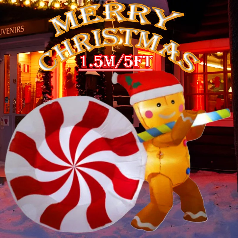 5FT Decorazione gonfiabile di Natale Giocattolo Caramelle Gingerbread Man Luci a LED integrate Giardino esterno Festival Scena di feste Decorazioni natalizie