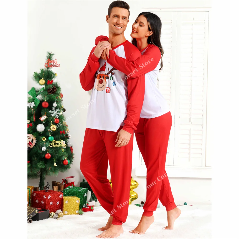 Pyjamas for Couples Christmas Sleepwear Long Sleeve Family Xmas Clothes Nightwear for Men And Women Red Plaid Pajama Pants XXl