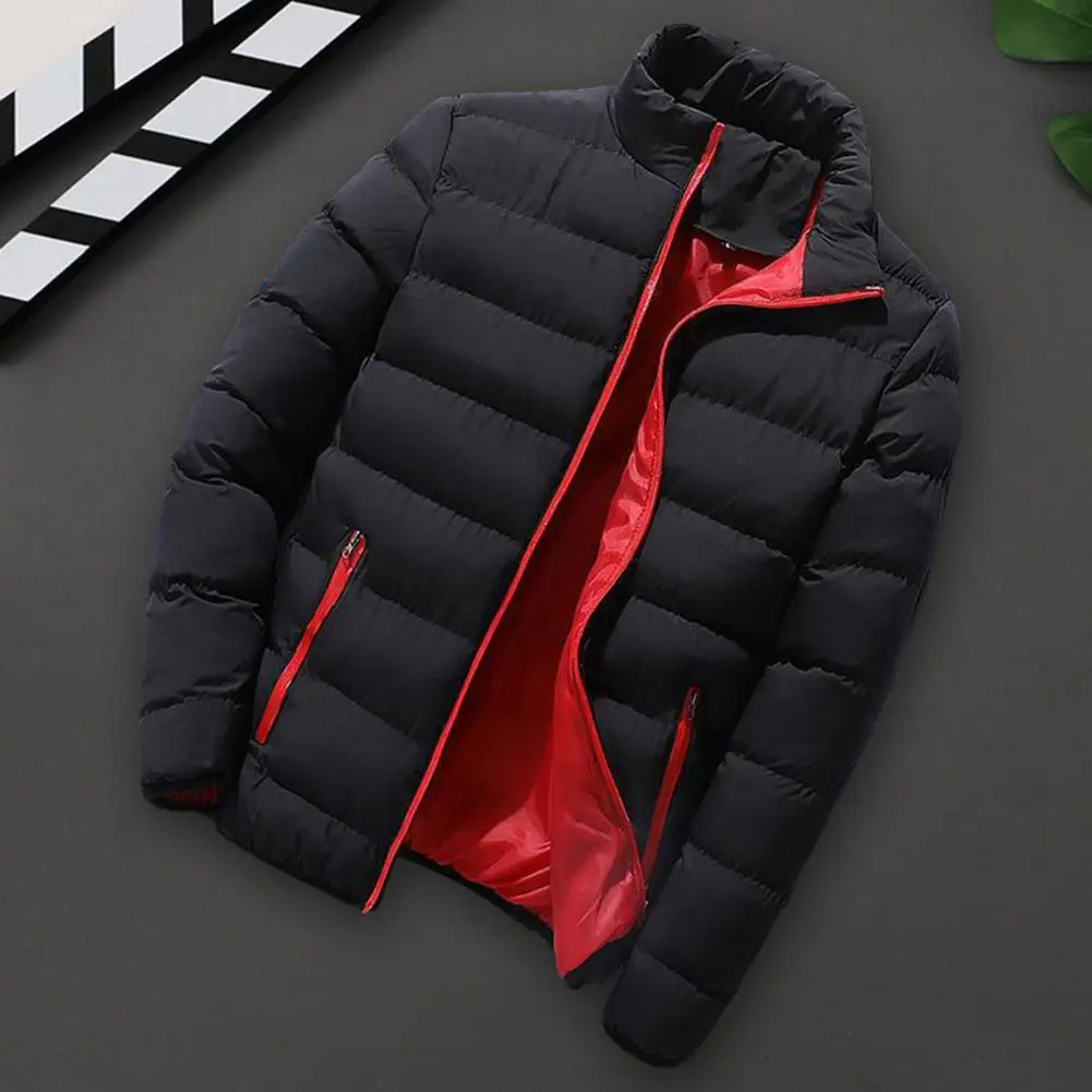 Thickened Men Coat Men Jacket Winter Men\'s Padded Coat Thick Windproof Warm Jacket with Stand Collar Zipper Closure