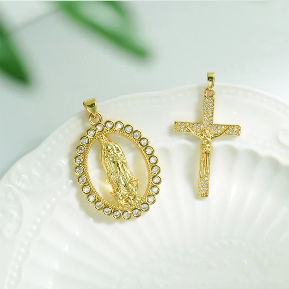 3Pcs Cubic Zirconia Religion Charms for Necklace Making Accessories Classic Virgin Mary Pendant DIY Jewelry Handmade Badge