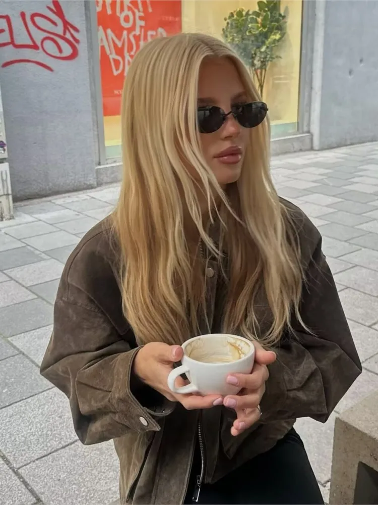 Women Leather Jacket with Button Fashion Autumn Laple Collar Long Sleeve Pcoket Short Jacket Causal Female Jacket