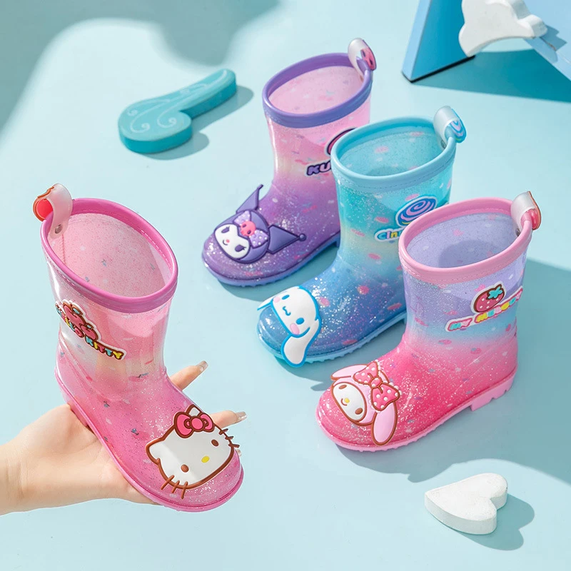 Hello Kittys Child Rain Boots Sanrioed Girl Rain Boots Anime Cinnamoroll Kuromi Water Proof Anti-Slip Kawaii Rain Glue Boots