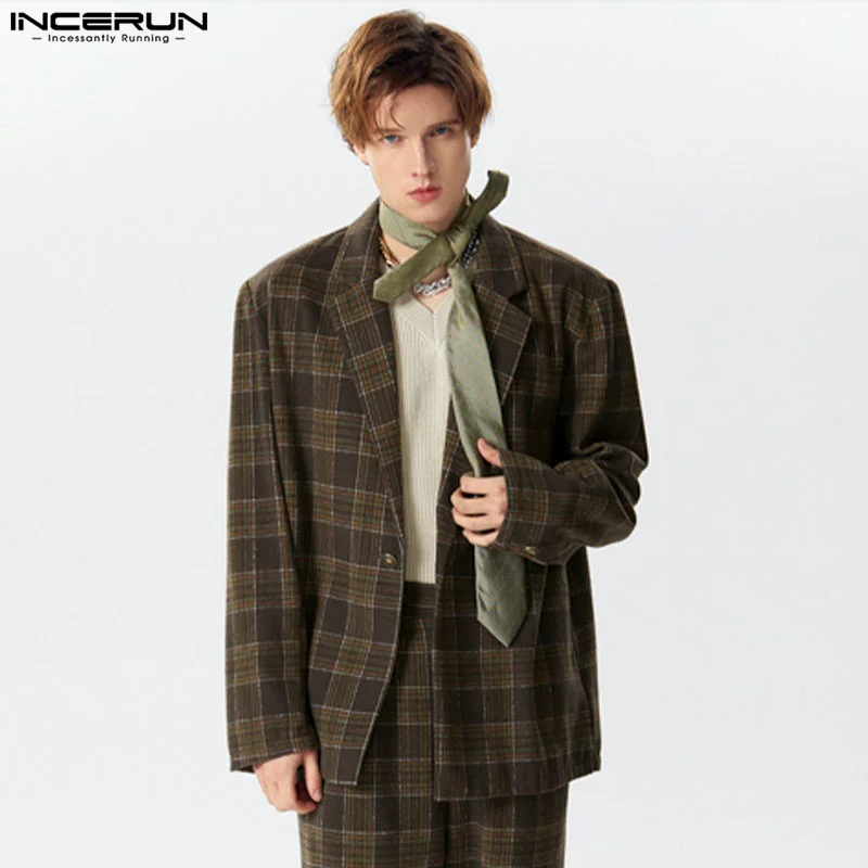 2024 Men\'s Plaid Blazer Lapel Long Sleeve One Button Streetwear Casual Suits Men Spring Elegant Fashion Male Coats S-5XL INCERUN