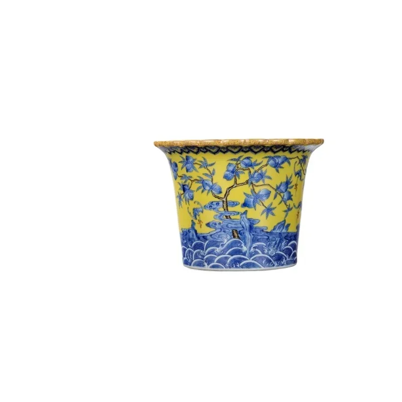 Ceramic yellow background blue and white ornaments, Chinese handmade antique living room collection decoration, high-end gifts