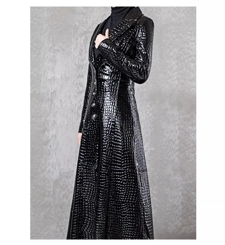 2024 Autumn Extra Long Black Shiny Reflective Crocodile Print Patent Faux Leather Trench Coat for Women with Side Double Slit