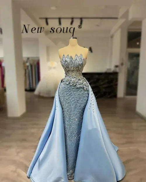 

Glitter Two Pieces Light Blue Strapless Mermaid Evening Dresses with Overskirts Customized Long Formal Wedding Prom Night Gowns