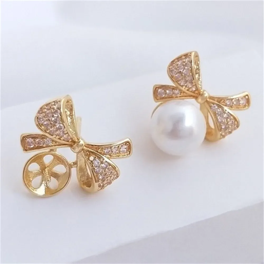 

14K Gold Color Zircon Bow Half Hole Pearl Holder Stud Earrings 925 Silver Needle DIY Earrings Ear Jewelry Material E133