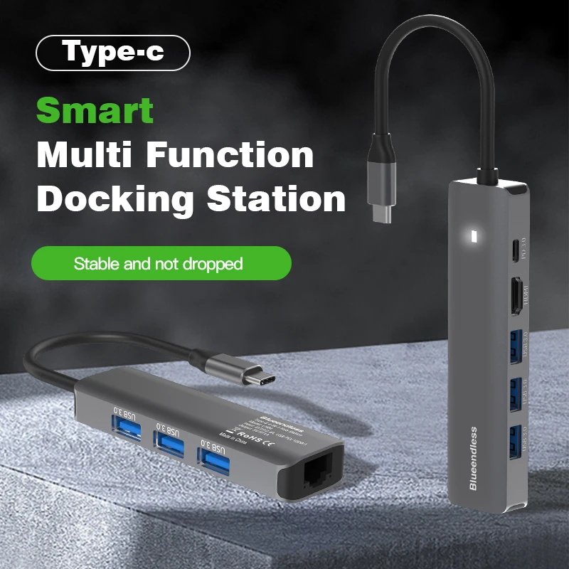 Blueendless Aluminum Case Multi Docking Station 4K30Hz Type C Adapter USB3.0 5Gbps6 in1 Ports 100W PD Charger For Laptop Macbook