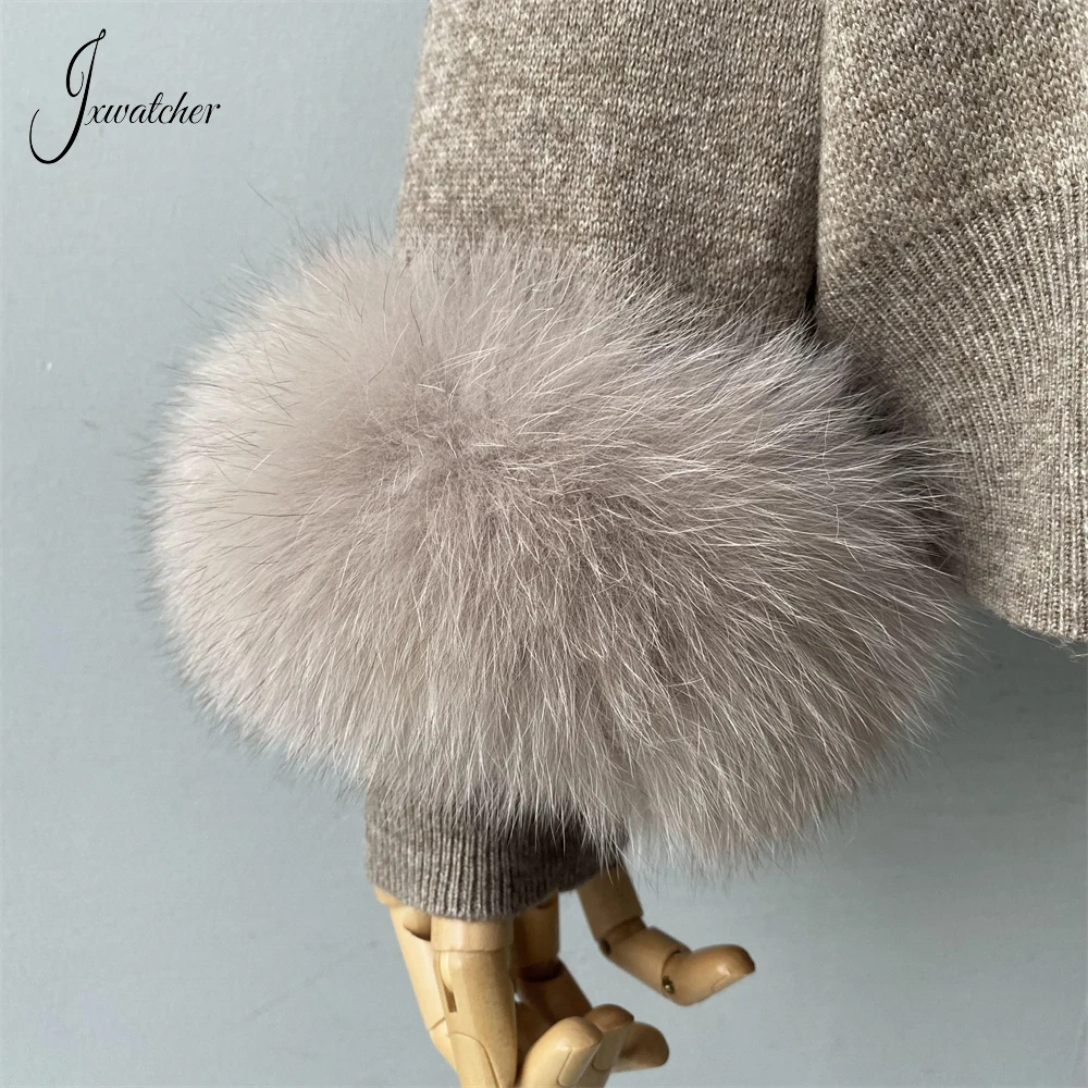 Jxwatcher Women\'s Sweater Set Real Fox Fur Collar and Cuffs Wool Blend Hooded Knitted Tops Ladies Autumn Fashion Pullover Female