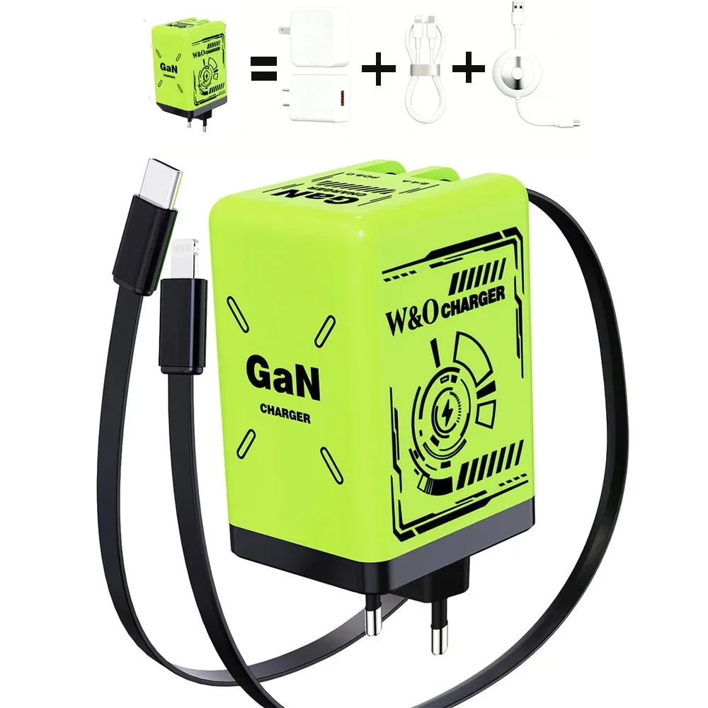 Image of W&O GaN Schnellladegerät mit 80cm Einziehbarem Kabel, Dual-Port für Lightning & Type-C Geräte, Schnelles Laden für Handys, Ohrhörer, Laptops