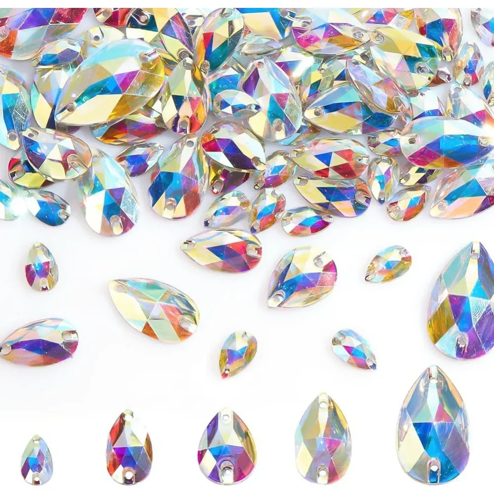 75 Pcs Glass Sew On Rhinestones, 5 Sizes Crystal AB Flatback Teardrop Sewing Rhinestones, 2 Hole Sewing Beads Decorations