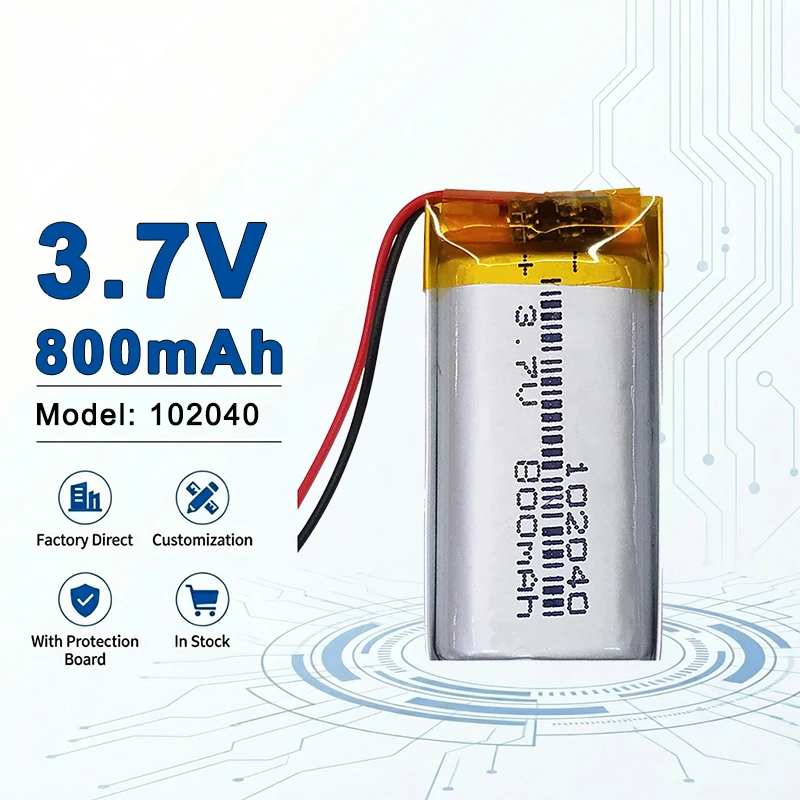 

Аккумуляторная литий-полимерная батарея 102040 3.7V 800mAh высокой плотности для медицинской и носимой электроники (аналоги 102050, 102055, 102530)