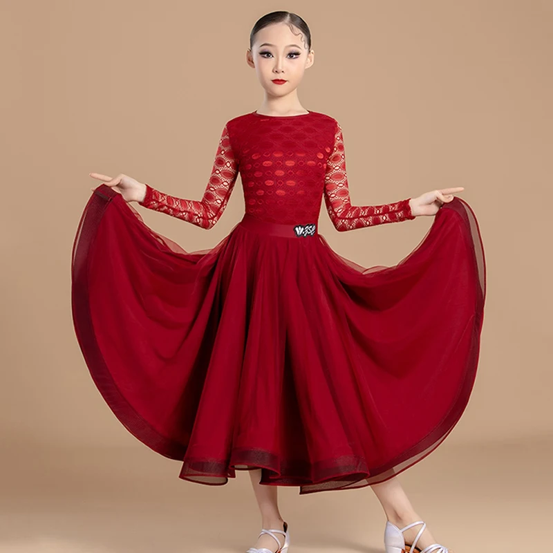 Ballroom Dance Competition Dress Girls Red Long Sleeve Dresses Standard Waltz Modern Dancing Costume Practice Clothes VDL347