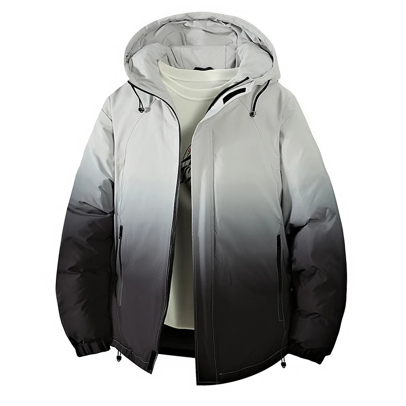 Casual Gradient Hooded Grey Duck Down Jacket 2025 Winter Men's Youth Streetwear Fashion Puffer Coat Thick Padded Parkas Clothing