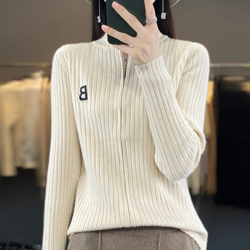 Autumn Winter Women Merino Wool Sweater Mock Neck Cardigan Slim Knitted Tops New Outerwear Clothing Double Zipper Warm Jacket