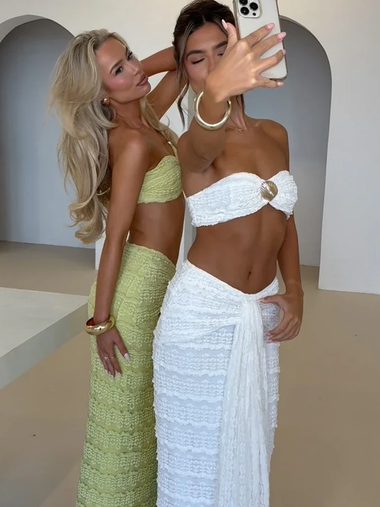 

New Elegant Women 2piece Set Sexy See Through Tierred Y2K Seashell Tube Tops+Wrapped Bandage Long Skirts Matching Clubwear