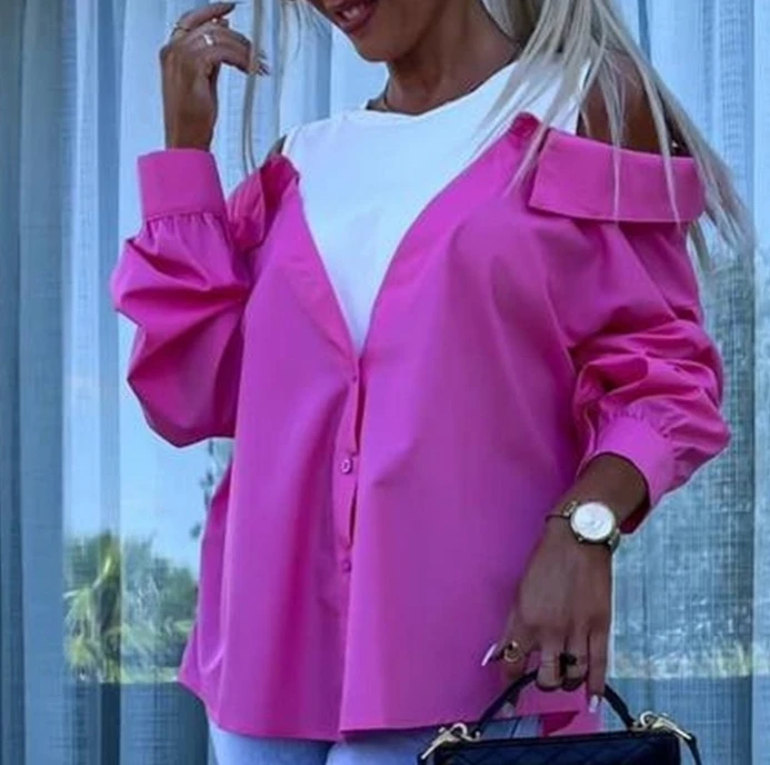 

Female Clothing Spring Fashion Colorblock Fake Two Piece Buttoned Top Temperament Commuting Women's Casual Long Sleeve Shirt