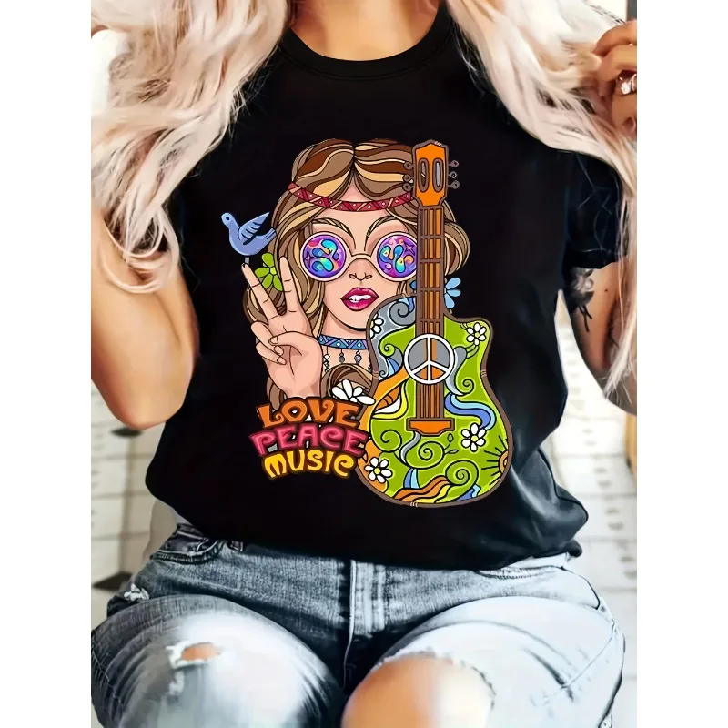 

Kishishpring Guitar Ladies' Peace and Music Pattern Printed Round Neck Cotton T-shirt Casual Fashion Trendy Women's Clothing