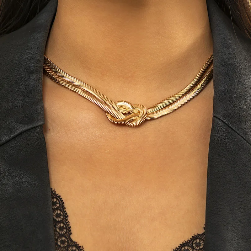 Double Layered Knot Herringbone Choker Necklace for Women Flat Snake Chain Necklaces Jewelry for Women Girls