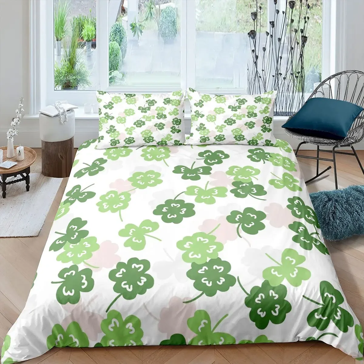 Green Clover Leaf King Queen Duvet Cover St Patrick's Day Gift Bedding Set Fortune Plant Comforter Cover Polyester Quilt Cover