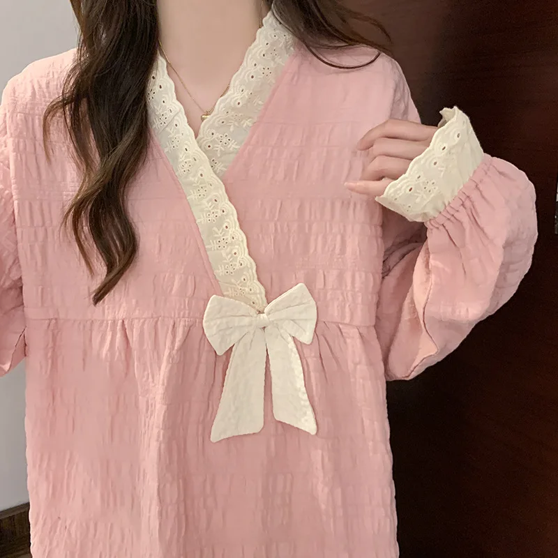 

Korean Style Ruffle V-Neck Kimono Sleepwear Women's Autumn Long Sleeve Long Pants Butterfly Knot Princess Style Home Clothes