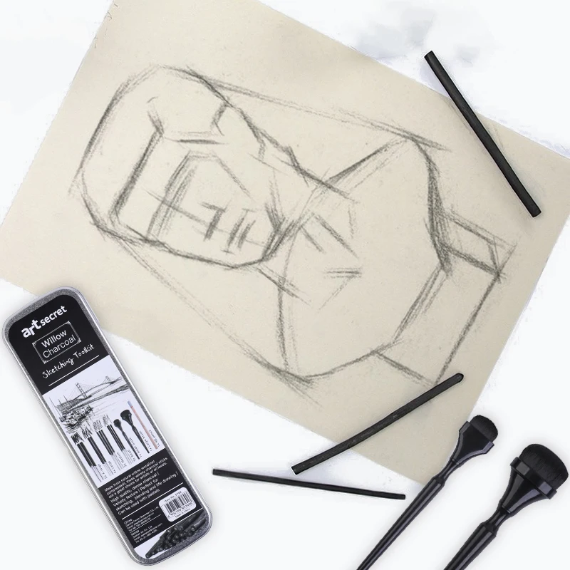 Art Secret 5760 Eisenbox-Packung, Skizze, Weide, Holzkohle, Zeichnungsdesign mit Holzkohlestreifen, Abstrichpinsel, professionelles Zubehör für Studenten – Detail 8