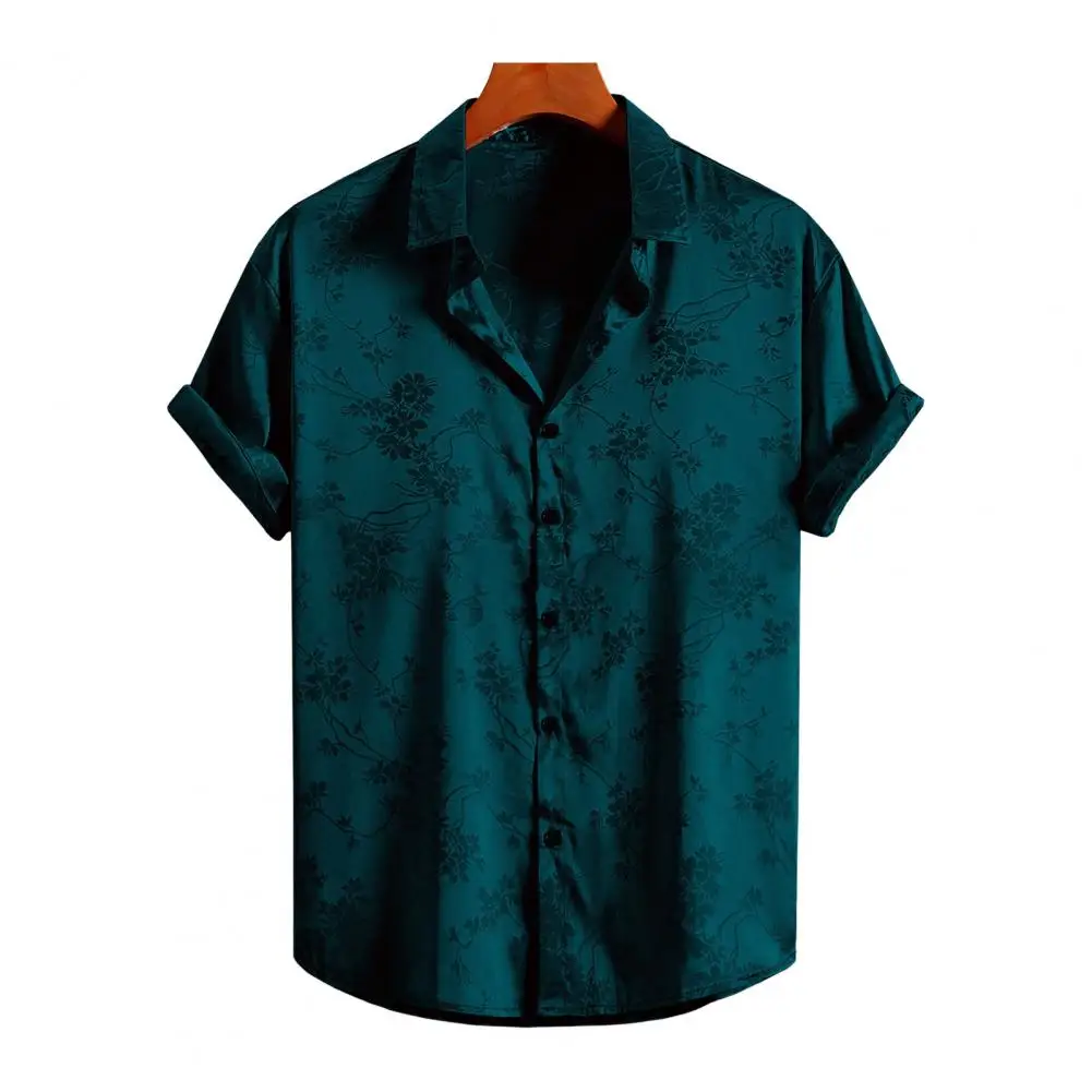 

Lapel Collar Shirt Embroidered Satin Button Men's Summer Shirt with Lapel Collar for Vacation Beach Top Stylish for A