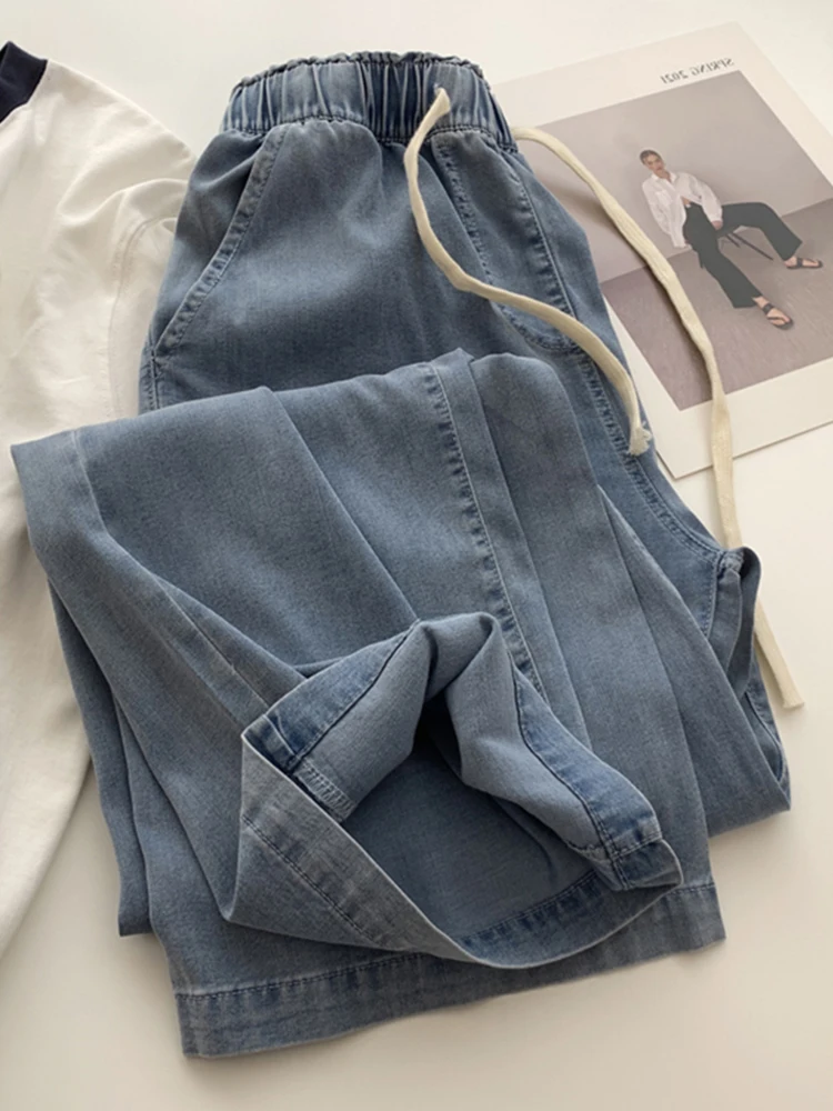

plus Size 300 Pou Blue High Waist Wide Leg Jeans Summer Thin Women's Loose Elastic Waist Straight Cut Loose Fit Trousers