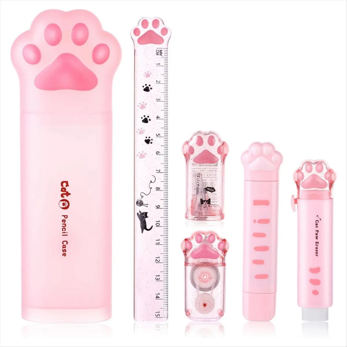 ABZT Cute Cat Stationery Set, 6 Pcs Kawaii Cat Stationary Kit Pencil Sharpener Retractable Eraser Correction Tape Ruler