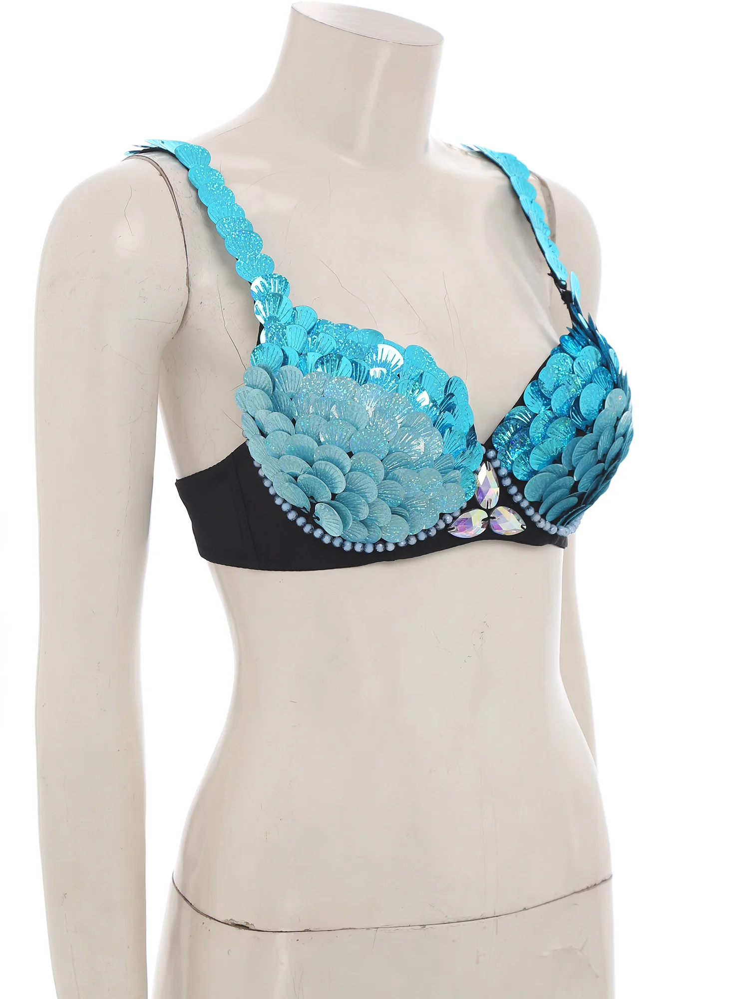 Womens Mermaid Belly Dance Bra Tops Bellywood Cosplay Costume Fish-scale Sequins Decor Push-up Underwire Bralette Balconette