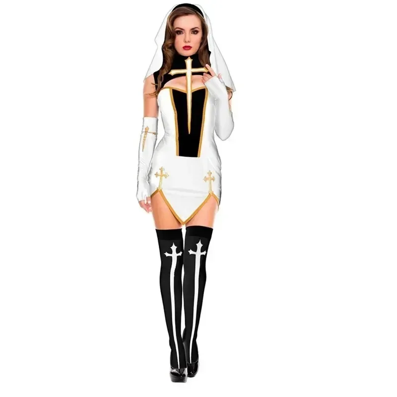 Disfraz sexy de monja Virgen María para mujer adulta, vestido de cosplay con capucha negra para Halloween, disfraz de monja para fiesta de cosplay.