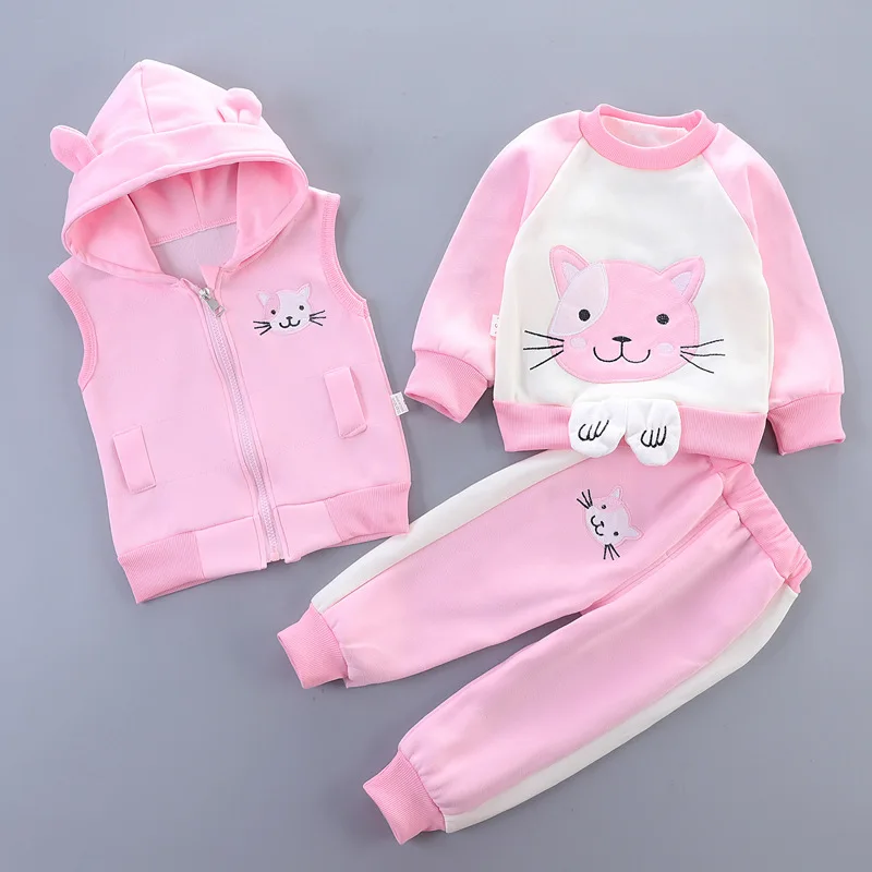 2024 Autumn Girls Cute Three-Piece Children\'s Cartoon Hooded Suit Winter New Boys Warm Fashion Caaual Sets 12M-5 Years Old