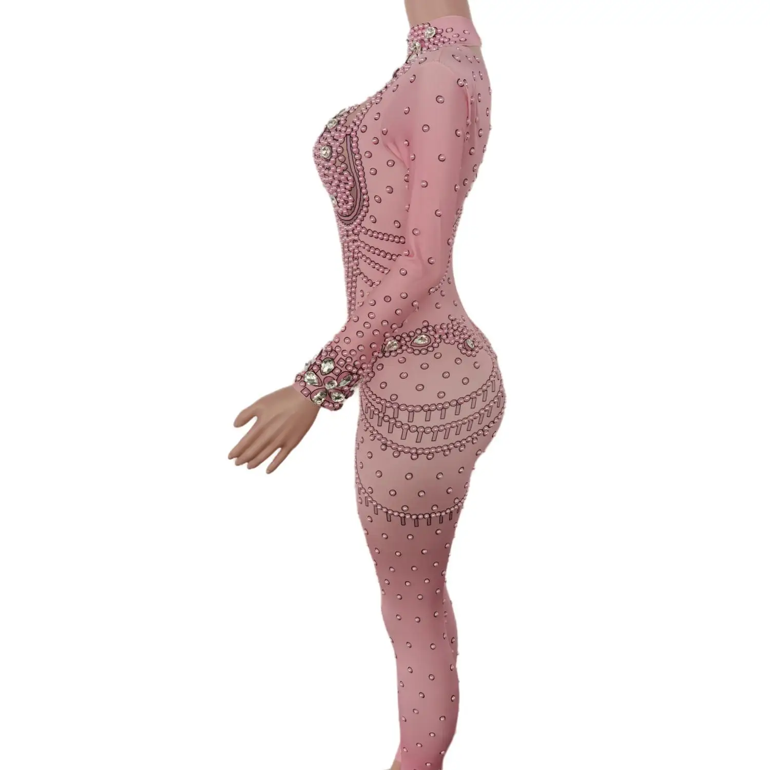 Kostiumy sceniczne dla showgirl, trykoty do tańca DS na imprezę w klubie nocnym, na studniówkę, luksusowe kryształowe, elastyczne, obcisłe różowe kombinezony na urodziny.