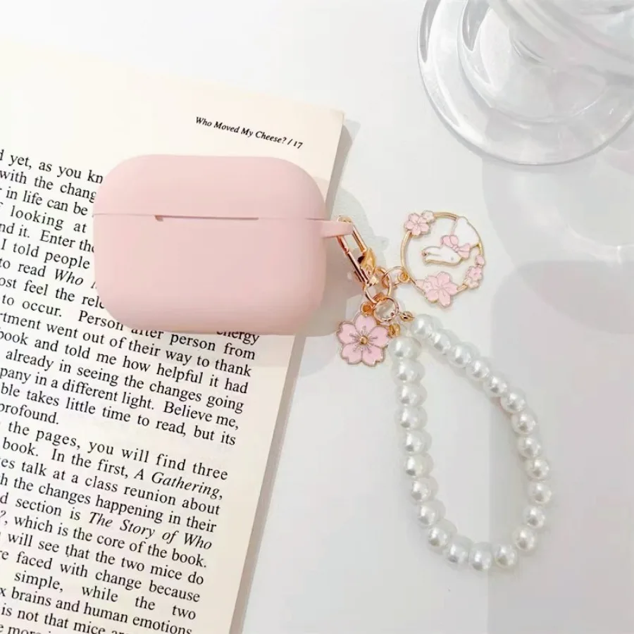 غطاء سماعة أذن سيليكون فاخر مع سلسلة مفاتيح ولؤلؤ وزهور ، حافظة لسماعات الأذن Pro 2 و 4 و 3